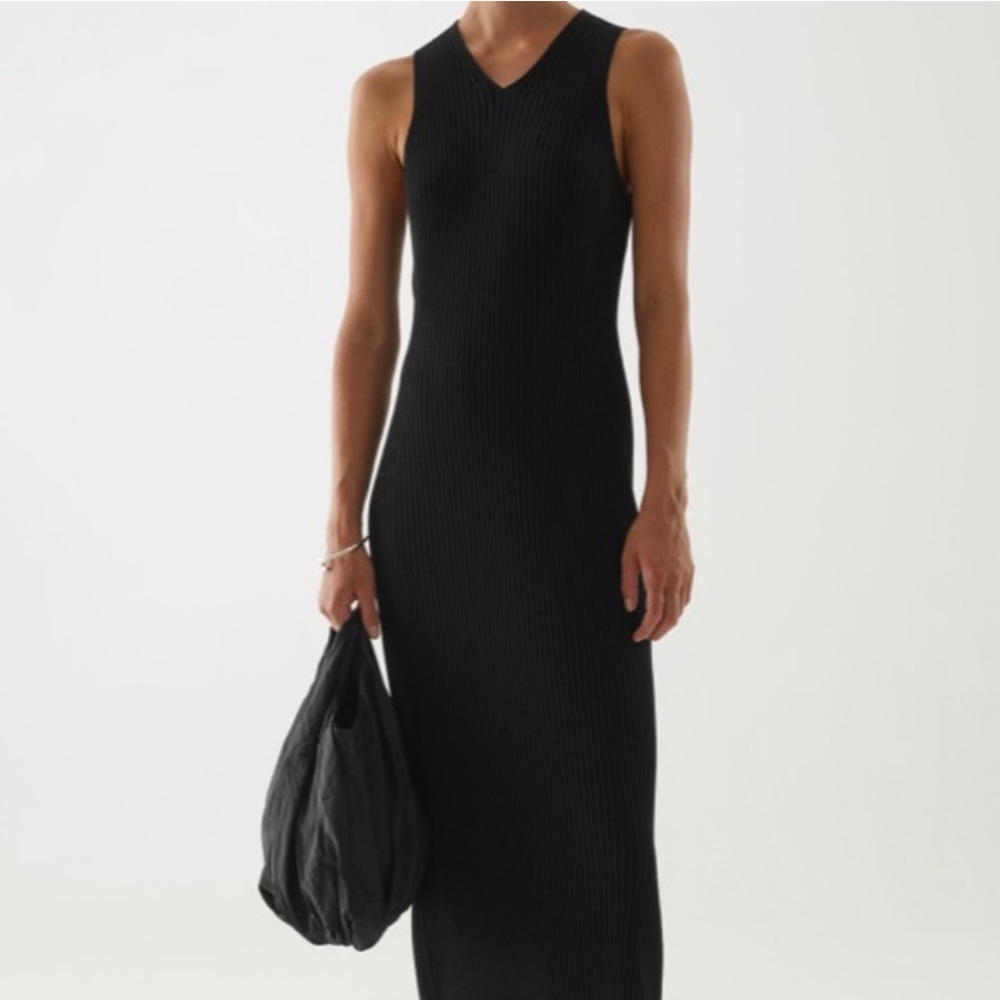 NWT COS Black V-Neck Ribbed Tube Dress, Sleeveless, Size Small